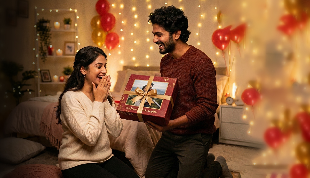 Couple gifting moment