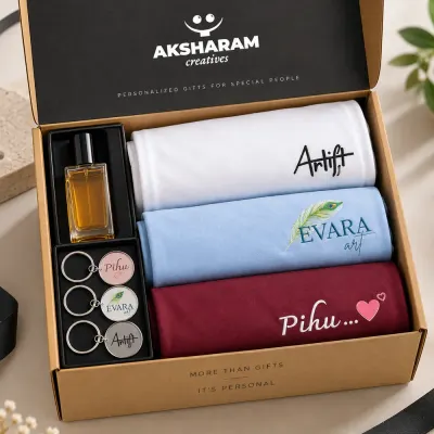 Personalised Gift Combo - 3 T-Shirts, 3 Keychains & Perfume photo 1
