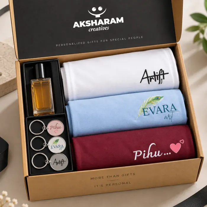 Personalised Gift Combo - 3 T-Shirts, 3 Keychains & Perfume