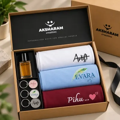 Personalised Gift Combo - 3 T-Shirts, 3 Keychains & Perfume photo 2