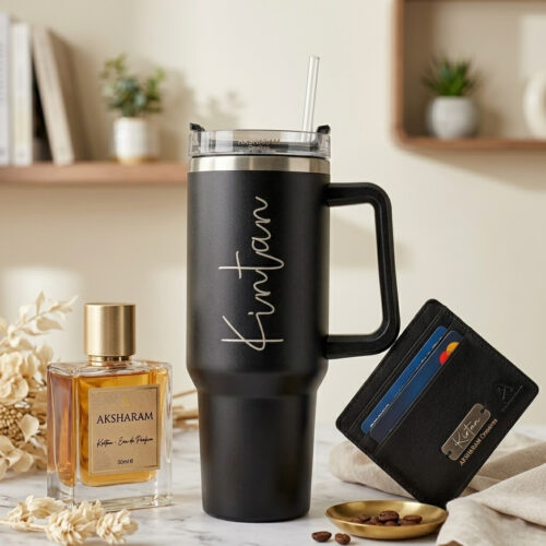Personalised luxury gift combo with custom black tumbler, premium wallet, and perfume by AKSHARAM Creatives