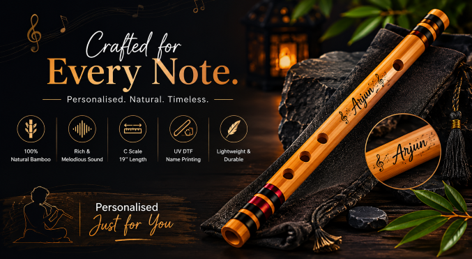 Premium personalised bamboo flute with custom UV DTF name printing, handcrafted bansuri, C scale bamboo flute by AKSHARAM Creatives