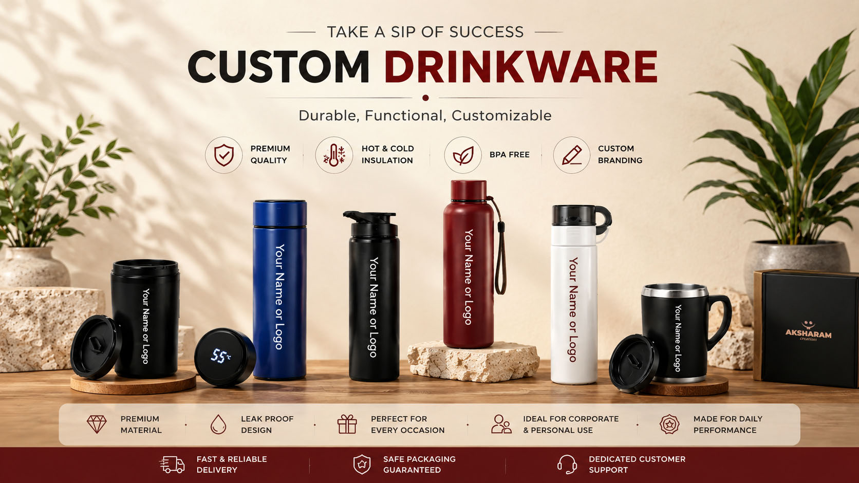 Personalized custom drinkware bottles and tumblers with logo printing in Vadodara by AKSHARAM Creatives